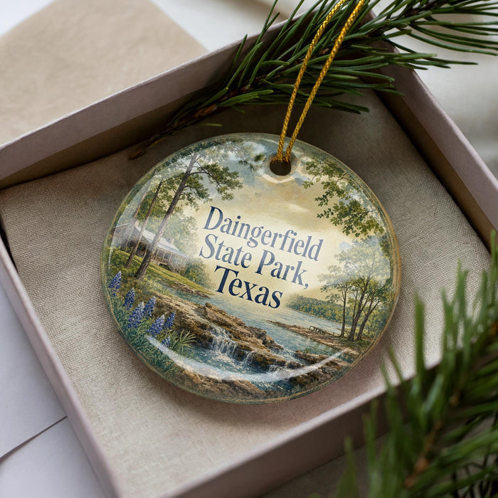 A decorative ornament in a box, featuring a scenic landscape with a river, trees, and a house.