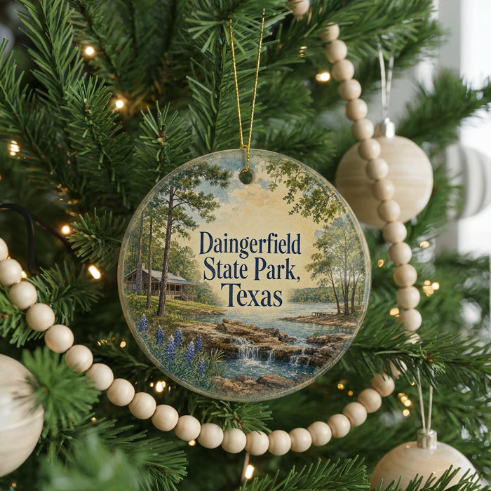 A round ornament hanging on a Christmas tree, featuring a scenic landscape with a lake, trees, and a cabin.