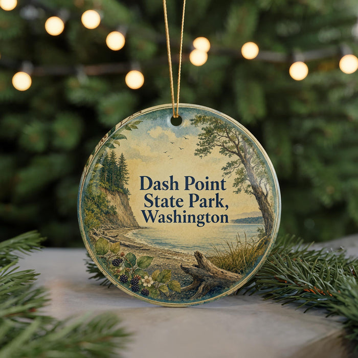 A circular ornament with a scenic landscape of Dash Point State Park in Washington, featuring a beach, trees, and a body of water.