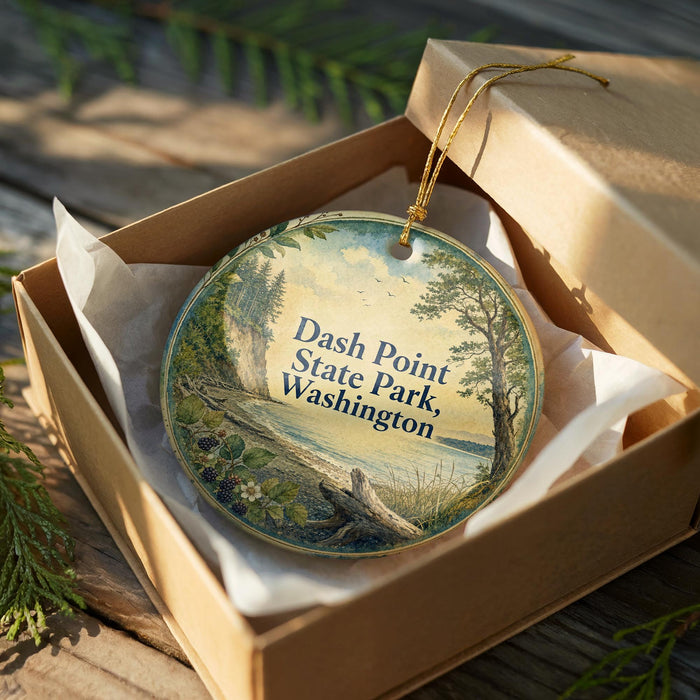 A round ornament in a box, featuring a scenic landscape with a river, trees, and a cliff, with the text "Dash Point State Park, Washington" printed on it.
