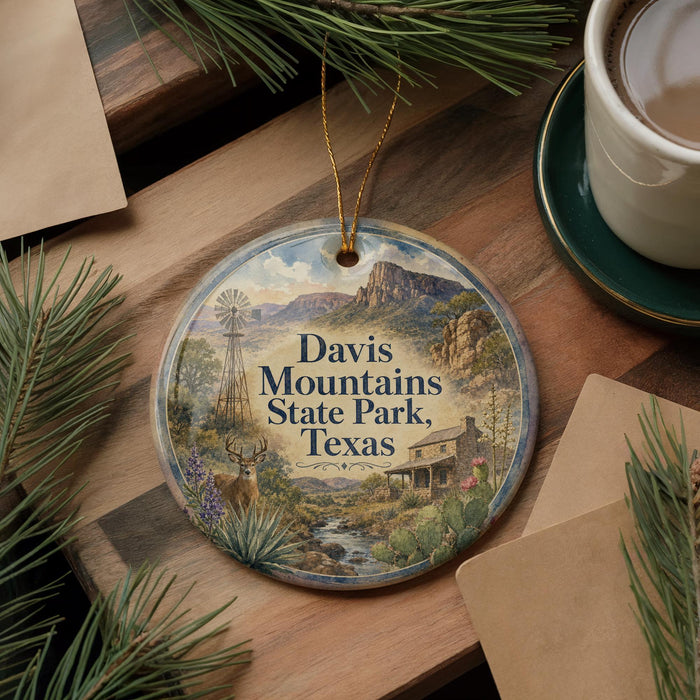 A decorative ornament featuring a scenic landscape of Davis Mountains State Park, Texas, with a windmill, mountains, and a river.