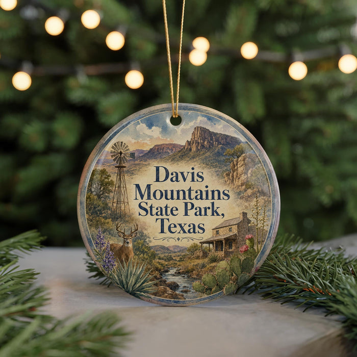 A round ornament with a scenic landscape of mountains, a windmill, and a cabin, along with the text "Davis Mountains State Park, Texas" on it.
