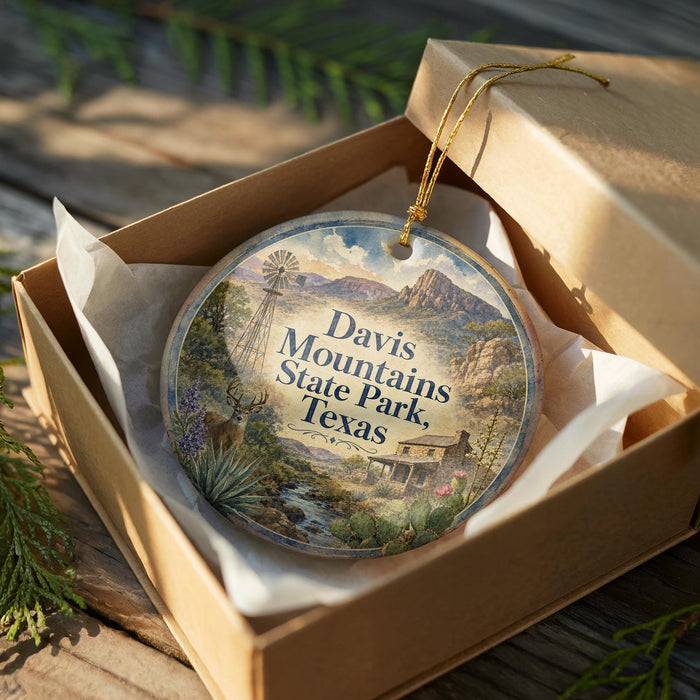 A decorative ornament in a wooden box, featuring a scenic landscape with mountains, a windmill, and a river.