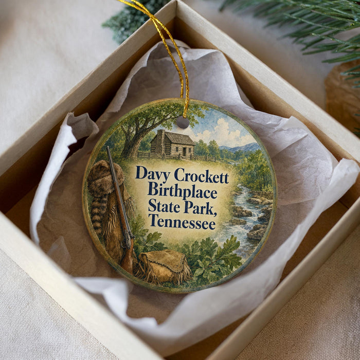 A round ornament with a picture of Davy Crockett Birthplace State Park, Tennessee, hanging from a string.