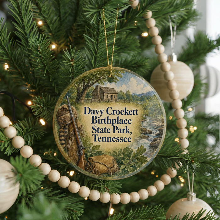 A Christmas tree ornament with a picture of Davy Crockett Birthplace State Park, Tennessee, and a rifle.