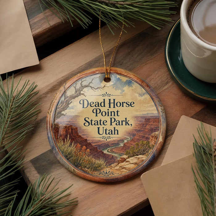 A decorative ornament with a scenic image of Dead Horse Point State Park in Utah, featuring a winding river and mountains in the background.