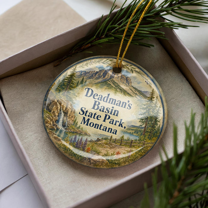 A decorative ornament with a scenic landscape of mountains, forests, and a waterfall, featuring the text "Deadman's Basin, State Park, Montana".