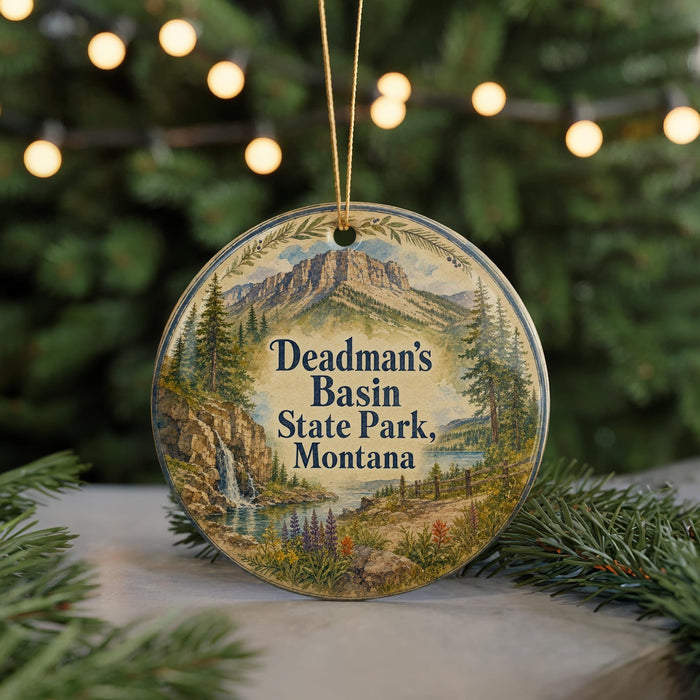 A circular ornament with a scenic landscape of mountains, trees, and a waterfall, featuring the text "Deadman's Basin State Park, Montana".