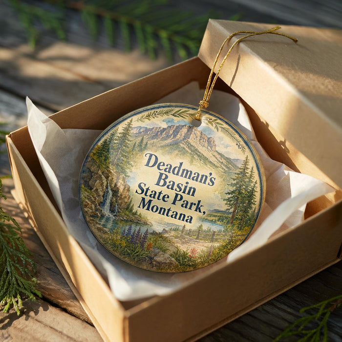 A decorative ornament in a wooden box, featuring a scenic landscape with mountains, pine trees, and a waterfall.