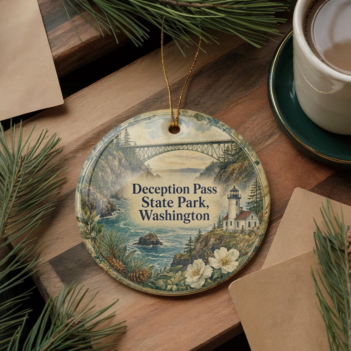 A decorative ornament with a scenic landscape of Deception Pass State Park in Washington, featuring a bridge, lighthouse, and water.