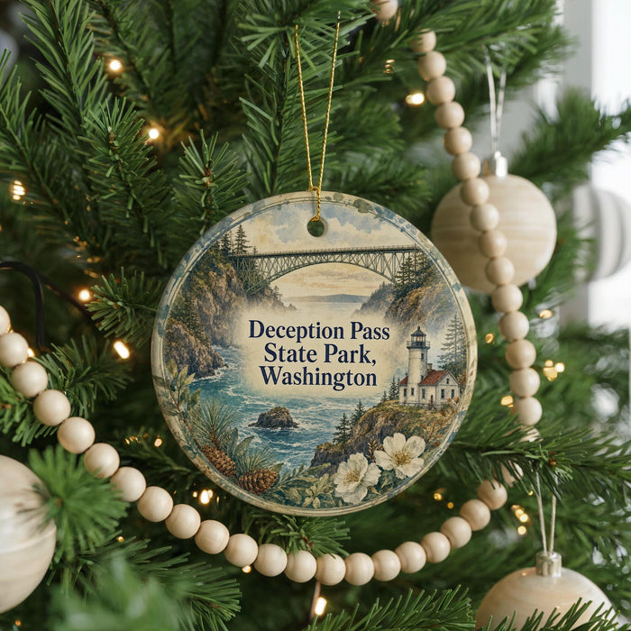 A round ornament hanging on a Christmas tree, featuring a scenic landscape with a bridge, lighthouse, and water.