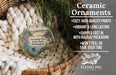 Ceramic ornaments, specifically Deception Pass State Park, Washington ornaments, are displayed in a basket with pine branches. The text highlights the ornaments as cozy, high-quality prints with vibrant and long-lasting vibrancy, and they are shipped fast in holiday packaging, preventing peeling or fading over time. The image also includes a logo for the Flying Pig sign company.