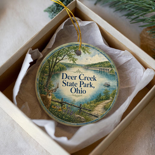 A decorative ornament in a box, featuring a scenic image of Deer Creek State Park in Ohio.