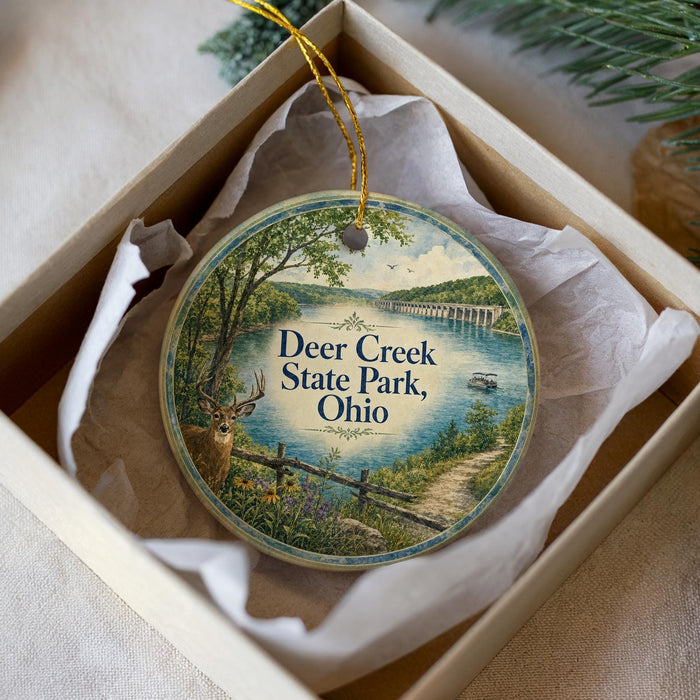 A decorative ornament in a box, featuring a scenic image of Deer Creek State Park in Ohio.