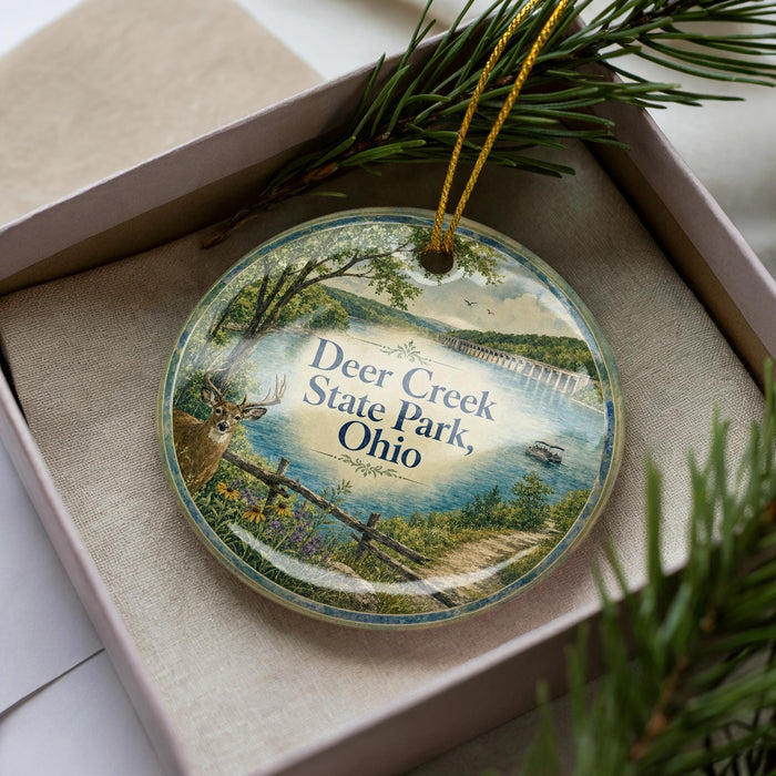 A decorative ornament featuring a deer standing in a scenic landscape, with the text "Deer Creek State Park, Ohio" prominently displayed.