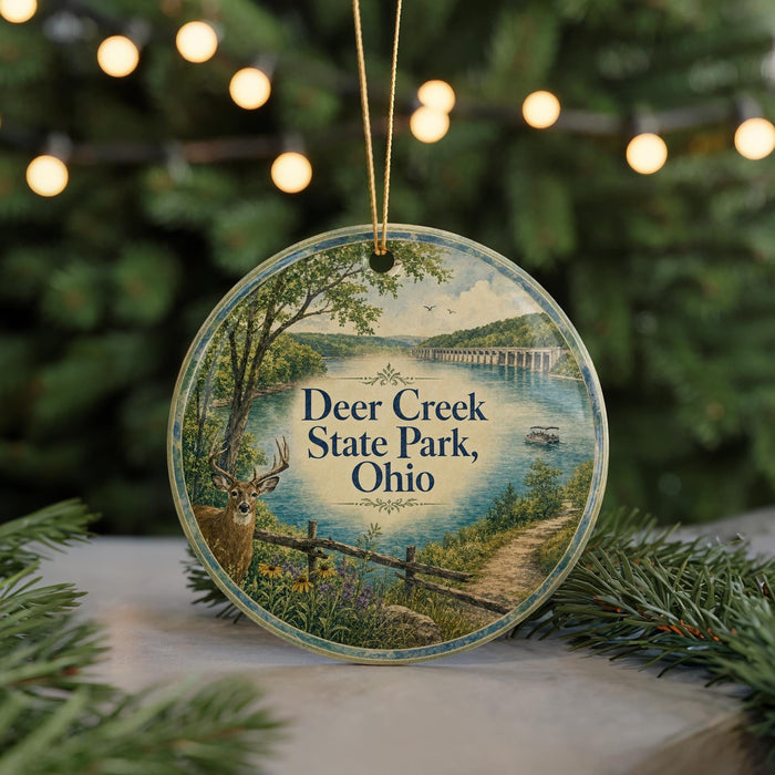 A round ornament featuring a scenic image of Deer Creek State Park, Ohio, with a deer standing in the foreground and a river and bridge in the background.