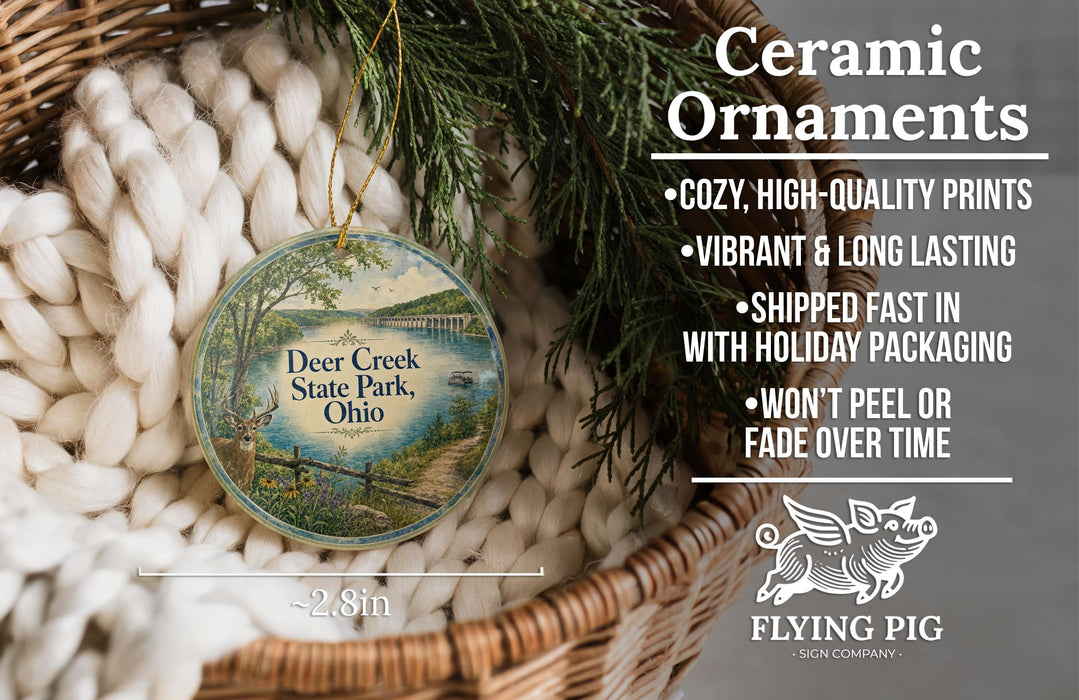 Ceramic ornaments, featuring a detailed image of Deer Creek State Park, Ohio, hanging from a wicker basket.