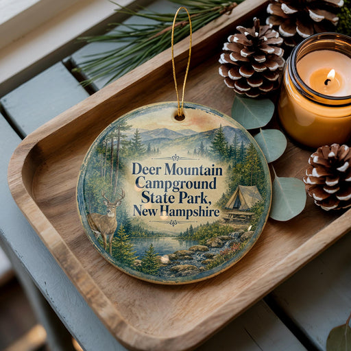 A decorative ornament featuring a deer in a forest setting, with the text "Deer Mountain Campground State Park, New Hampshire" displayed prominently.