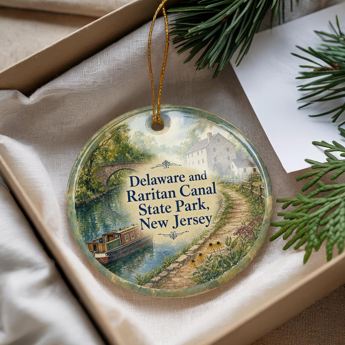 A decorative ornament with a scenic image of Delaware and Raritan Canal State Park, New Jersey, hanging from a string.