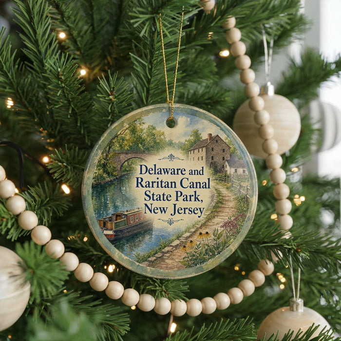 A round ornament hanging on a Christmas tree, featuring a scenic image of the Delaware and Raanan Canal State Park in New Jersey.