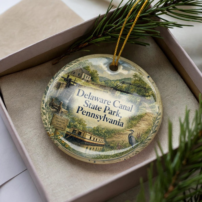A decorative ornament in a box, featuring a scenic image of Delaware Canal State Park, Pennsylvania.