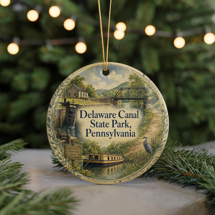 A decorative ornament featuring a scenic image of Delaware Canal State Park, Pennsylvania, with a boat and a bird in the foreground.