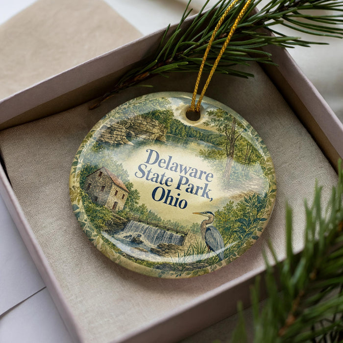A decorative ornament in a box, featuring a scenic landscape with a waterfall and a bird, is surrounded by pine branches.