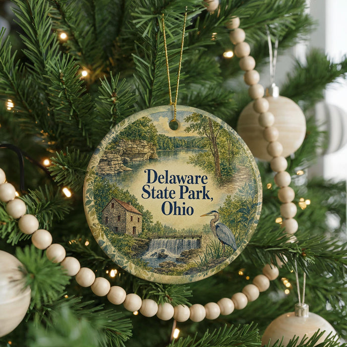 A round ornament hanging on a Christmas tree, featuring a scenic landscape with a waterfall and a bird in the foreground.