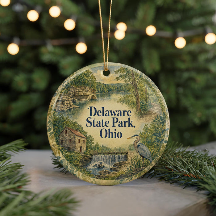 A decorative ornament featuring a scenic landscape of Delaware State Park, Ohio, with a bird in the foreground and a waterfall in the background.