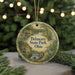 A decorative ornament featuring a scenic landscape of Delaware State Park, Ohio, with a bird in the foreground and a waterfall in the background.