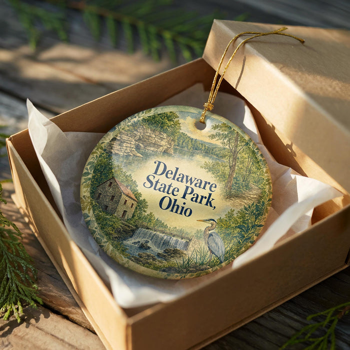 A decorative ornament in a box, featuring a scenic landscape with a waterfall and a bird, is placed on a wooden surface.