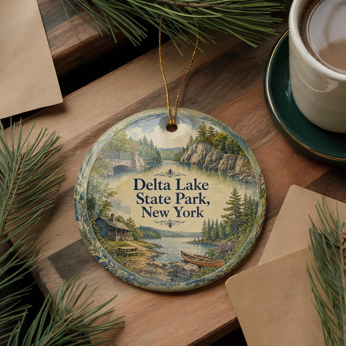 A decorative ornament featuring a scenic landscape of Delta Lake State Park, New York, with pine trees and a lake in the background.