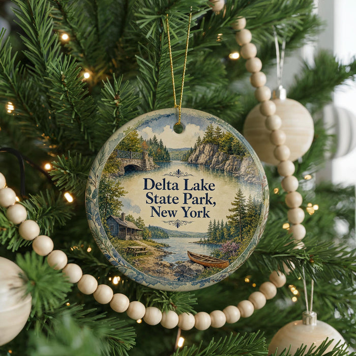 A round ornament hanging on a Christmas tree, featuring a scenic landscape with a lake, bridge, and cabin.