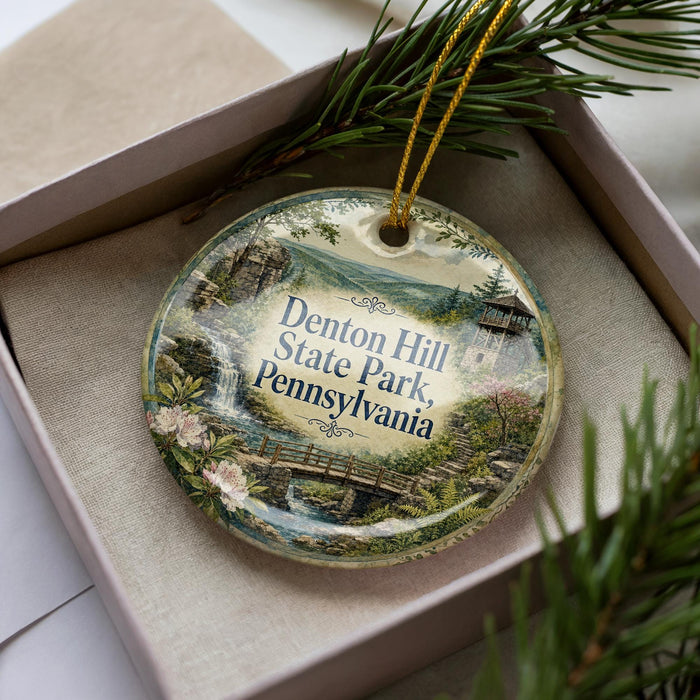 A decorative ornament with a scenic landscape of Denton Hill State Park, Pennsylvania, featuring a bridge, trees, and a waterfall.
