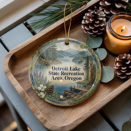 A decorative ornament with a scenic lake landscape and pine trees, featuring the text "Detroit Lake State Recreation Area, Oregon" on it. The ornament is placed on a wooden tray, with pine cones and a lit candle nearby.