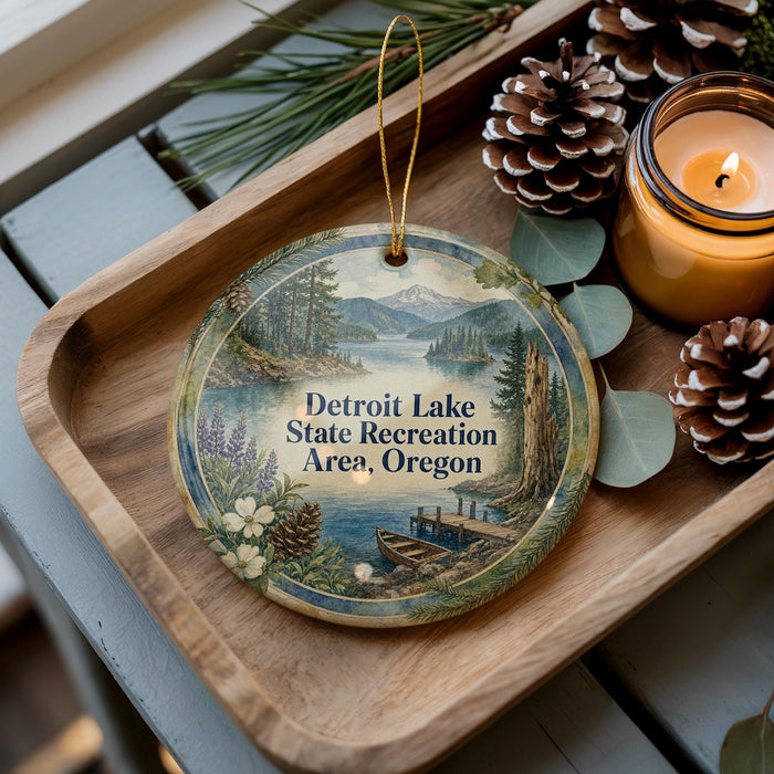 A decorative ornament with a scenic lake landscape and pine trees, featuring the text "Detroit Lake State Recreation Area, Oregon" on it. The ornament is placed on a wooden tray, with pine cones and a lit candle nearby.