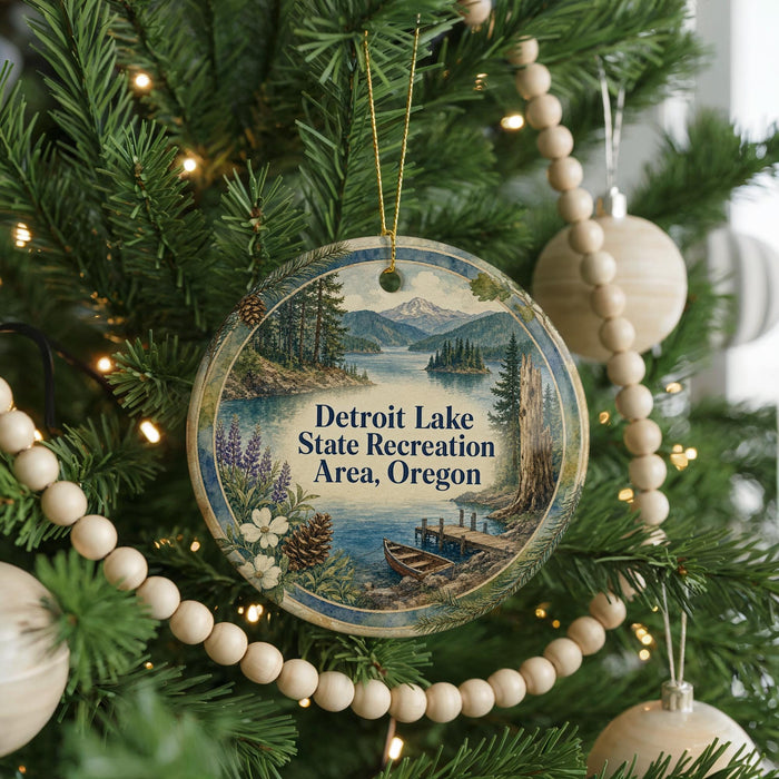 A round ornament hanging on a Christmas tree, featuring a scenic landscape with a lake, mountains, and pine trees.