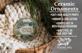 Ceramic ornaments, featuring a detailed image of a lake and mountains, are displayed in a basket. The text highlights the ornaments as "Ceramic Ornaments" and mentions their features such as "Cozy, high-quality prints", "Vibrant & long lasting", "Shipped fast in", "with holiday packaging", and "won't peel or fade over time". The image also includes a scale for size comparison and the logo of "Flying Pig - SIGN COMPANY".