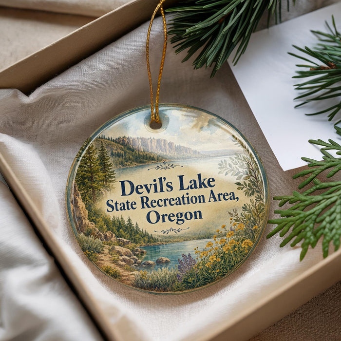 A decorative ornament with a scenic landscape of Devil's Lake State Recreation Area, Oregon, hanging from a string.