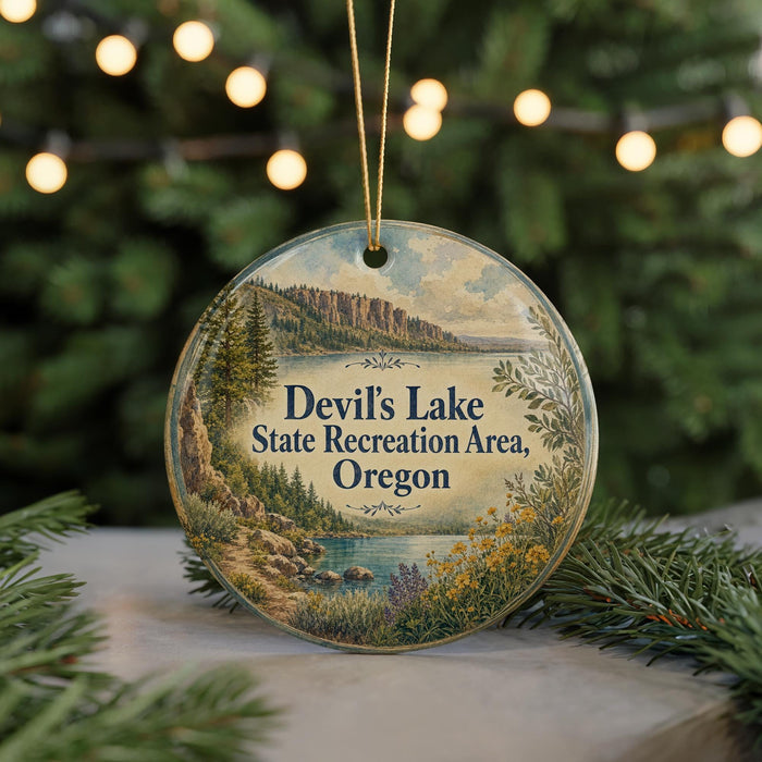 A round ornament with a scenic landscape of Devil's Lake State Recreation Area, Oregon, featuring a lake, mountains, and greenery.