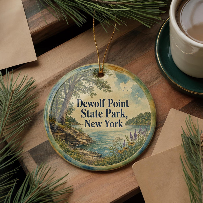 A round ornament with a scenic image of DeWolf Point State Park, New York, hangs on a wooden surface.