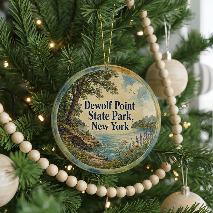 A round ornament hanging on a Christmas tree, featuring a scenic landscape with a lake and trees.