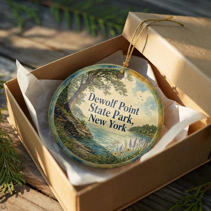 A round ornament in a box, featuring a scenic landscape with a lake and trees, is displayed on a wooden surface.