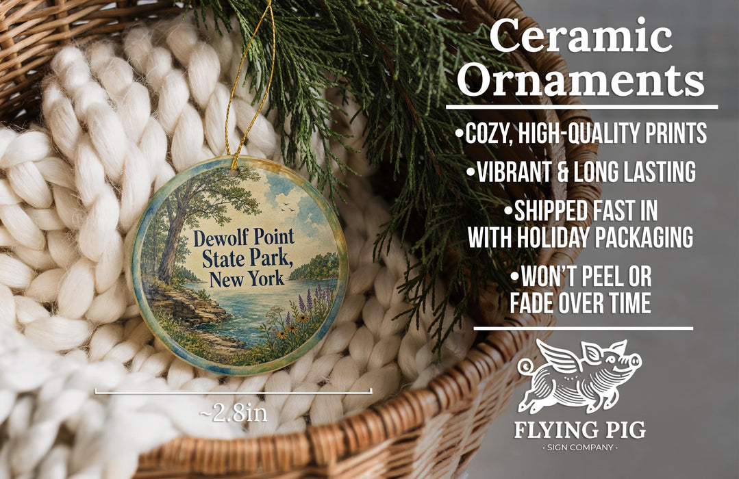 Ceramic ornaments, featuring a vintage-style design of a tree and a river, are displayed in a woven basket.