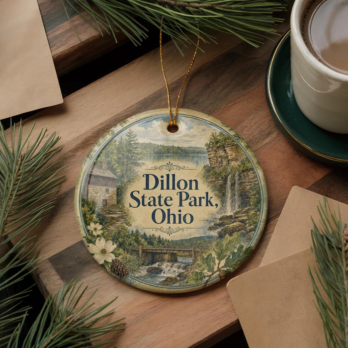 A decorative ornament with a scenic image of a waterfall and forest, featuring the text "Dillon State Park, Ohio" on it, is displayed on a wooden surface alongside a cup of coffee and some pine branches.