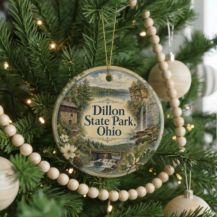 A round ornament hanging on a Christmas tree, featuring a scenic landscape with a waterfall and a cabin.
