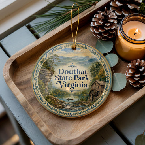 A decorative ornament featuring a scenic image of Douthat State Park, Virginia, with pine cones and a lit candle on a wooden tray.