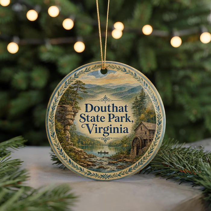 A round ornament with a scenic image of Douhat State Park, Virginia, featuring a river, a cabin, and mountains in the background.