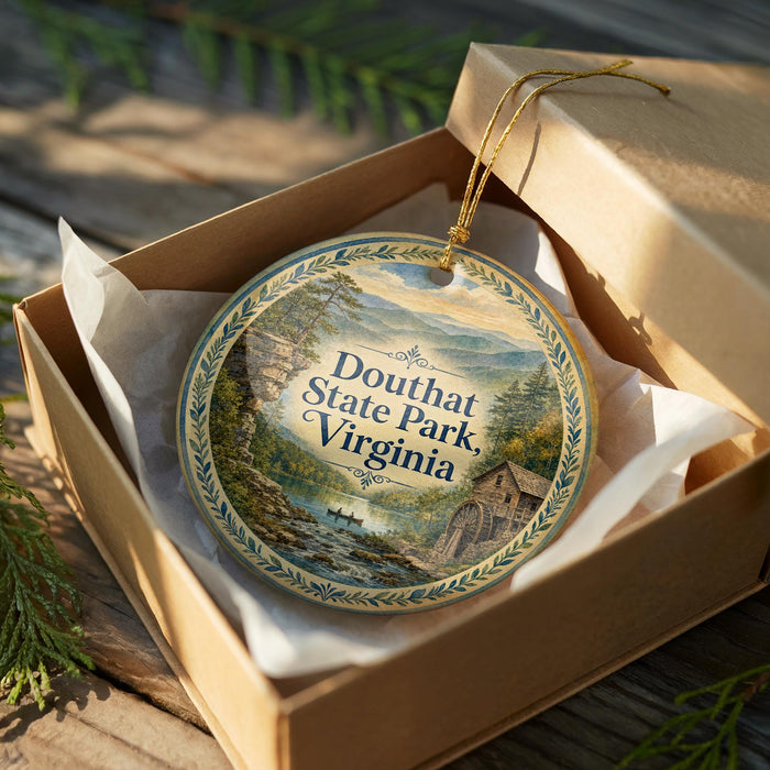 An ornament in a box, featuring a scenic landscape with mountains, trees, and a small cabin, with the text "Douthat State Park, Virginia" displayed on the ornament.