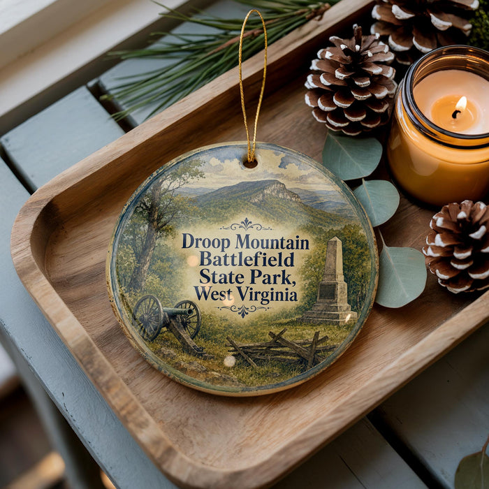 A decorative ornament featuring a scenic image of Droop Mountain Battlefield State Park, West Virginia, with a candle and pine cones on a wooden tray.